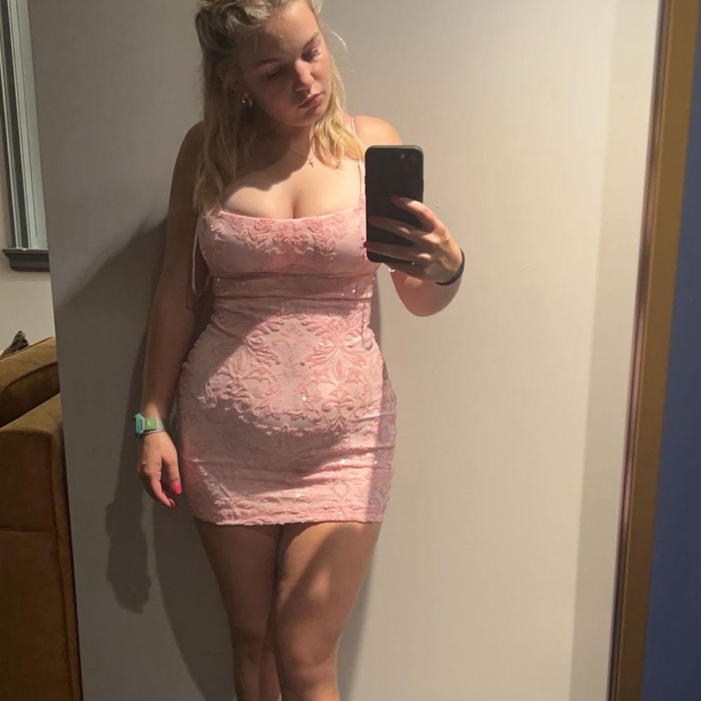 light pink lace up open back beaded